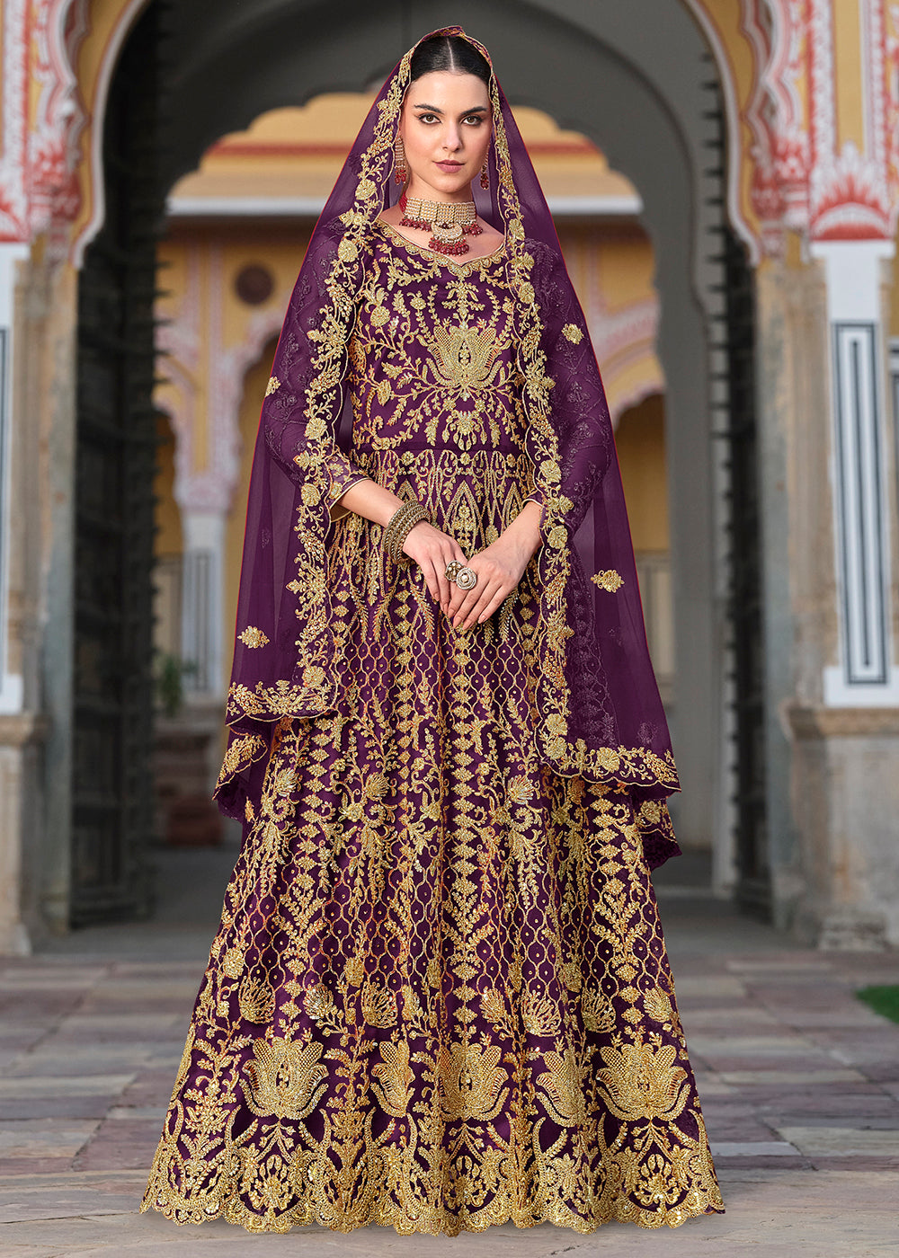 Buy Now Trilling Purple Cording & Stone Work Wedding Anarkali Suit Online in USA, UK, Australia, Italy, Germany, Canada, France & Worldwide at Empress Clothing.