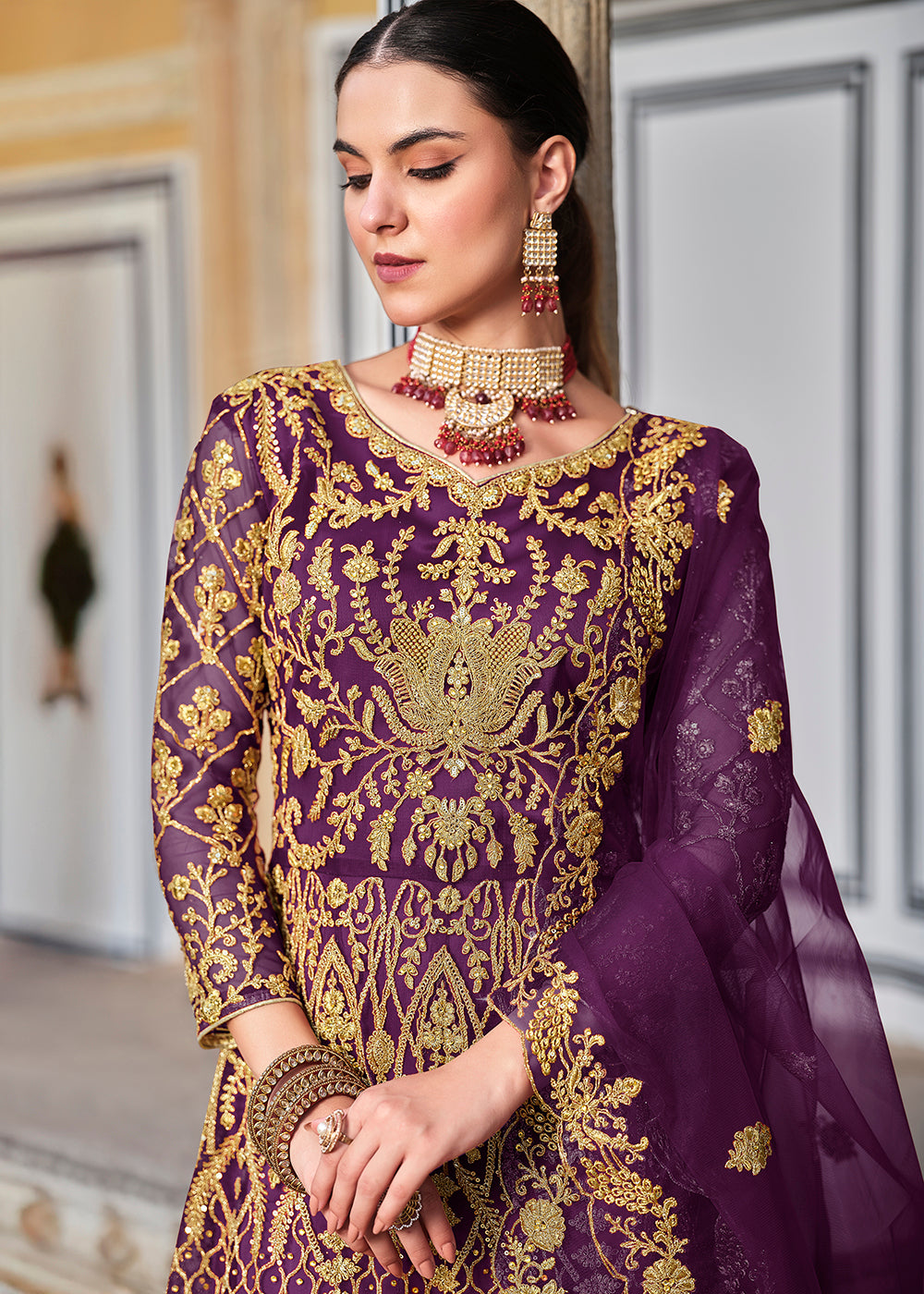 Buy Now Trilling Purple Cording & Stone Work Wedding Anarkali Suit Online in USA, UK, Australia, Italy, Germany, Canada, France & Worldwide at Empress Clothing.