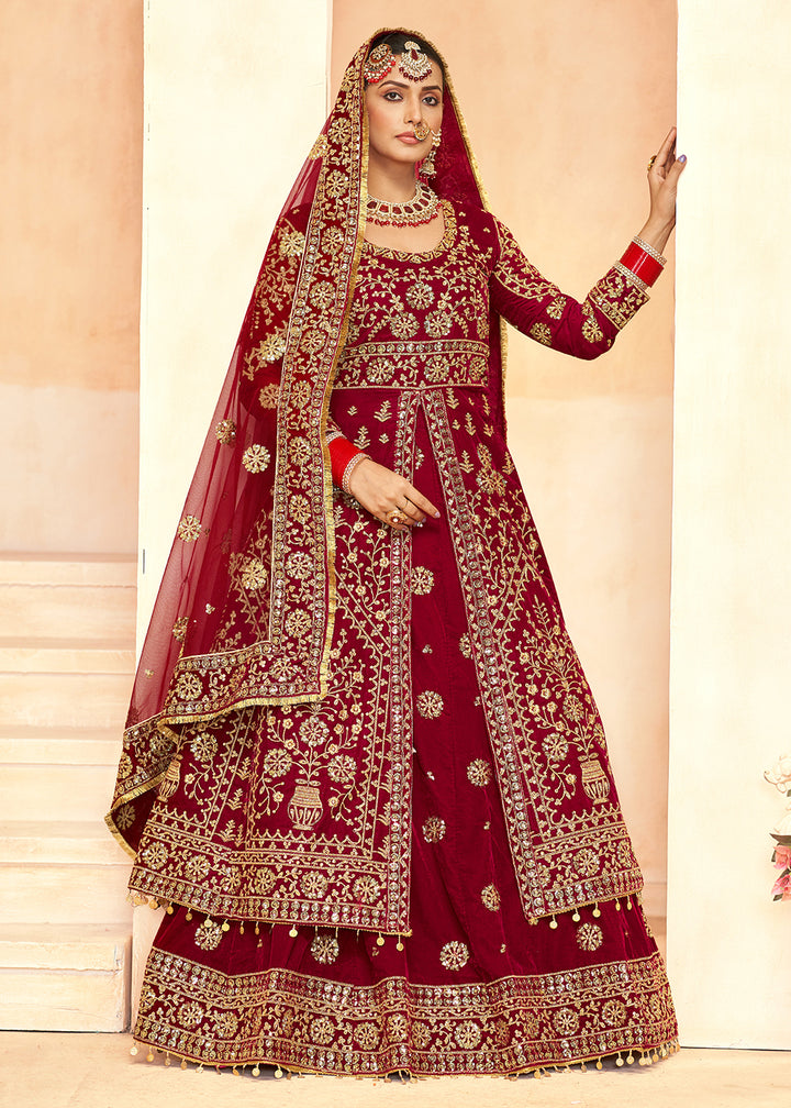 Buy Now Tempting Maroon Anarkali Style Velvet Wedding Lehenga Choli Online in USA, UK, Canada, France, Italy, Germany, UAE & Worldwide at Empress Clothing.