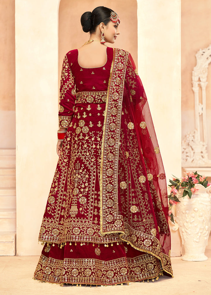 Buy Now Tempting Maroon Anarkali Style Velvet Wedding Lehenga Choli Online in USA, UK, Canada, France, Italy, Germany, UAE & Worldwide at Empress Clothing.