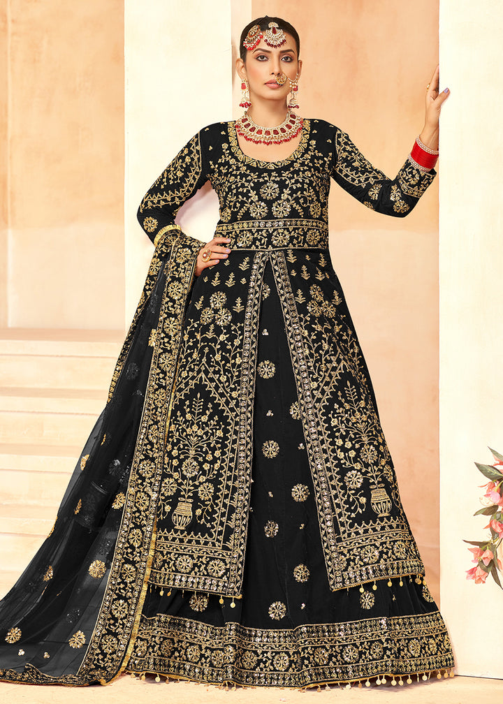 Buy Now Tempting Black Anarkali Style Velvet Wedding Lehenga Choli Online in USA, UK, Canada, France, Italy, Germany, UAE & Worldwide at Empress Clothing.