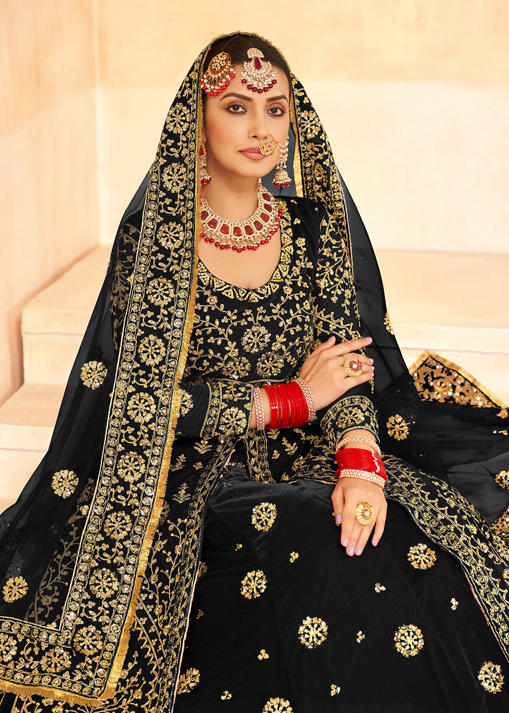 Buy Now Tempting Black Anarkali Style Velvet Wedding Lehenga Choli Online in USA, UK, Canada, France, Italy, Germany, UAE & Worldwide at Empress Clothing.