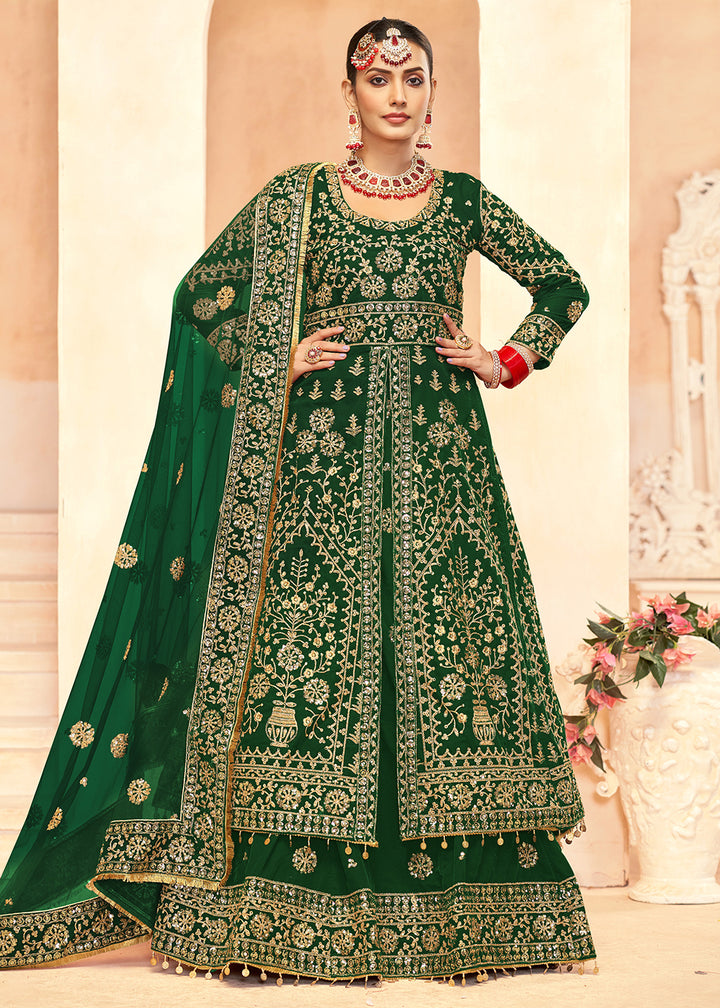 Buy Now Tempting Green Anarkali Style Velvet Wedding Lehenga Choli Online in USA, UK, Canada, France, Italy, Germany, UAE & Worldwide at Empress Clothing.