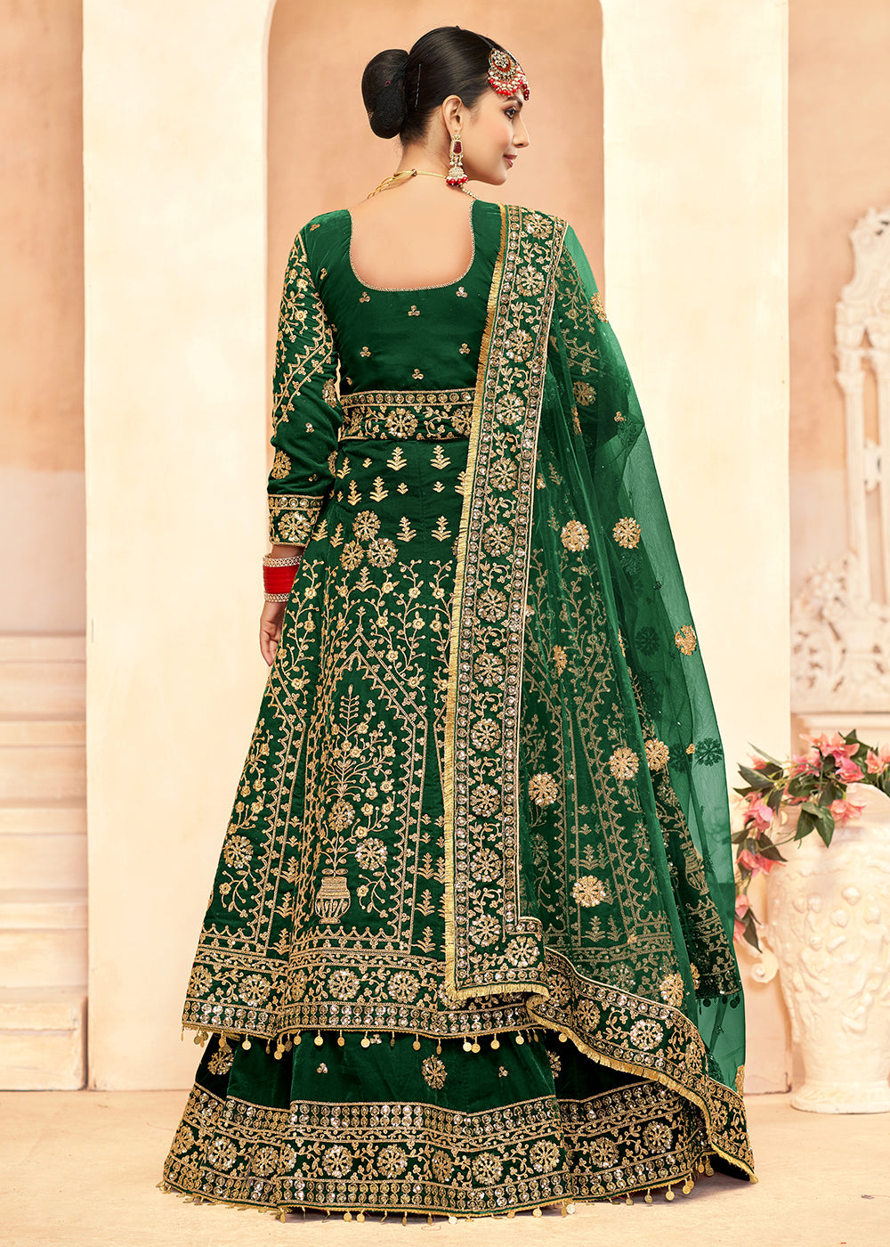 Buy Now Tempting Green Anarkali Style Velvet Wedding Lehenga Choli Online in USA, UK, Canada, France, Italy, Germany, UAE & Worldwide at Empress Clothing.