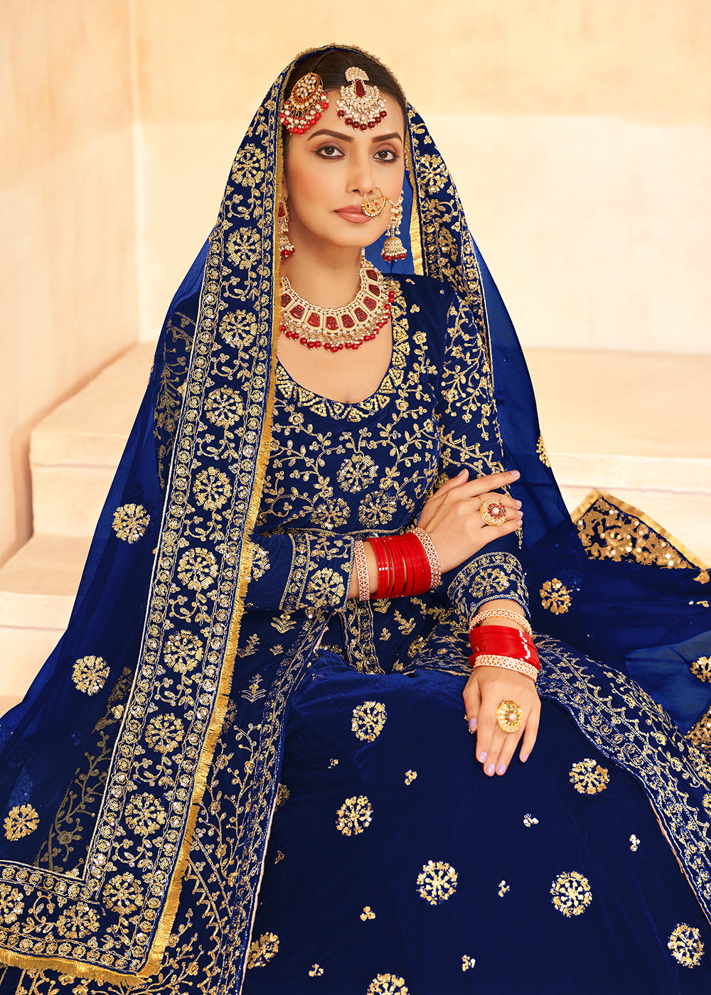 Buy Now Tempting Blue Anarkali Style Velvet Wedding Lehenga Choli Online in USA, UK, Canada, France, Italy, Germany, UAE & Worldwide at Empress Clothing.