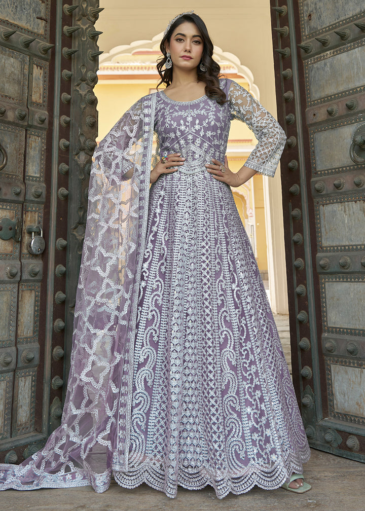 Buy Now Lavender Stone & Mirror Work Eid Style Anarkali Suit Online in USA, UK, Australia, Italy, Germany, Canada, France, UAE & Worldwide at Empress Clothing.