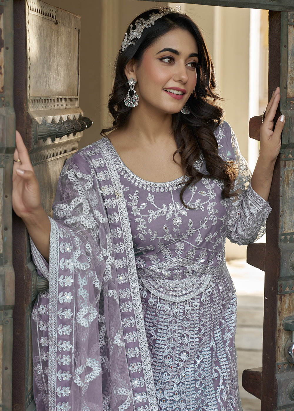 Buy Now Lavender Stone & Mirror Work Eid Style Anarkali Suit Online in USA, UK, Australia, Italy, Germany, Canada, France, UAE & Worldwide at Empress Clothing.