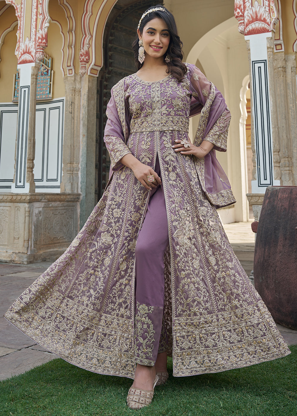 Buy Now Mauve Pink Slit Style Lehenga Pant Style Anarkali Suit Online in US, UK, Germany, France, Italy, Canada, Australia, UAE, Maldives & Worldwide at Empress.