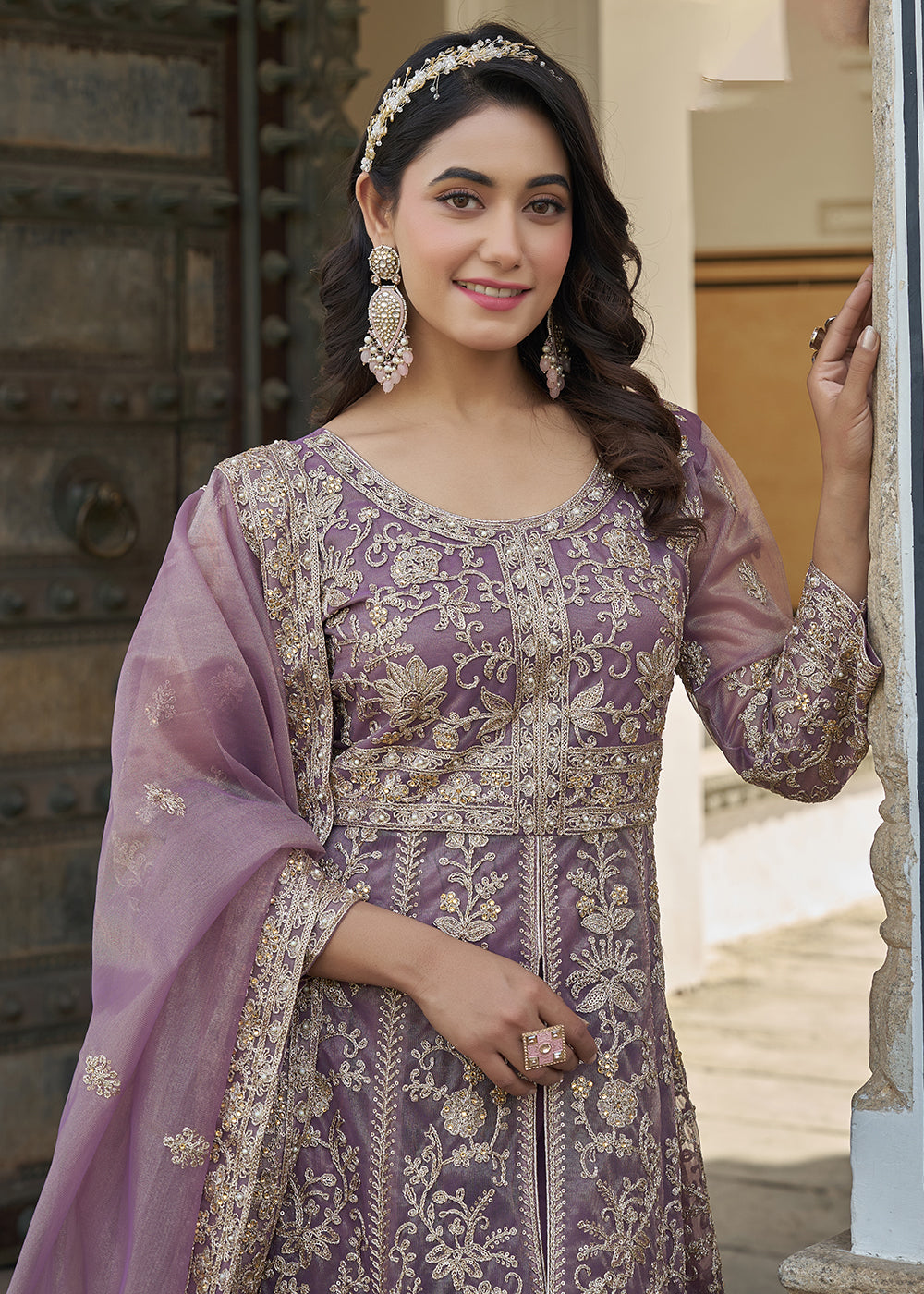 Buy Now Mauve Pink Slit Style Lehenga Pant Style Anarkali Suit Online in US, UK, Germany, France, Italy, Canada, Australia, UAE, Maldives & Worldwide at Empress.