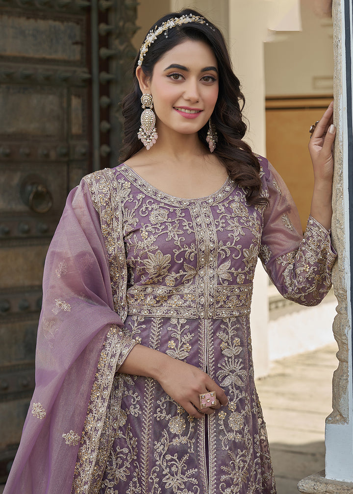 Buy Now Mauve Pink Slit Style Lehenga Pant Style Anarkali Suit Online in US, UK, Germany, France, Italy, Canada, Australia, UAE, Maldives & Worldwide at Empress.