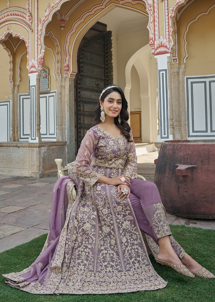 Buy Now Mauve Pink Slit Style Lehenga Pant Style Anarkali Suit Online in US, UK, Germany, France, Italy, Canada, Australia, UAE, Maldives & Worldwide at Empress.