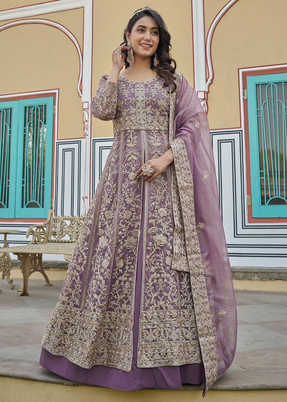 Buy Now Mauve Pink Slit Style Lehenga Pant Style Anarkali Suit Online in US, UK, Germany, France, Italy, Canada, Australia, UAE, Maldives & Worldwide at Empress.