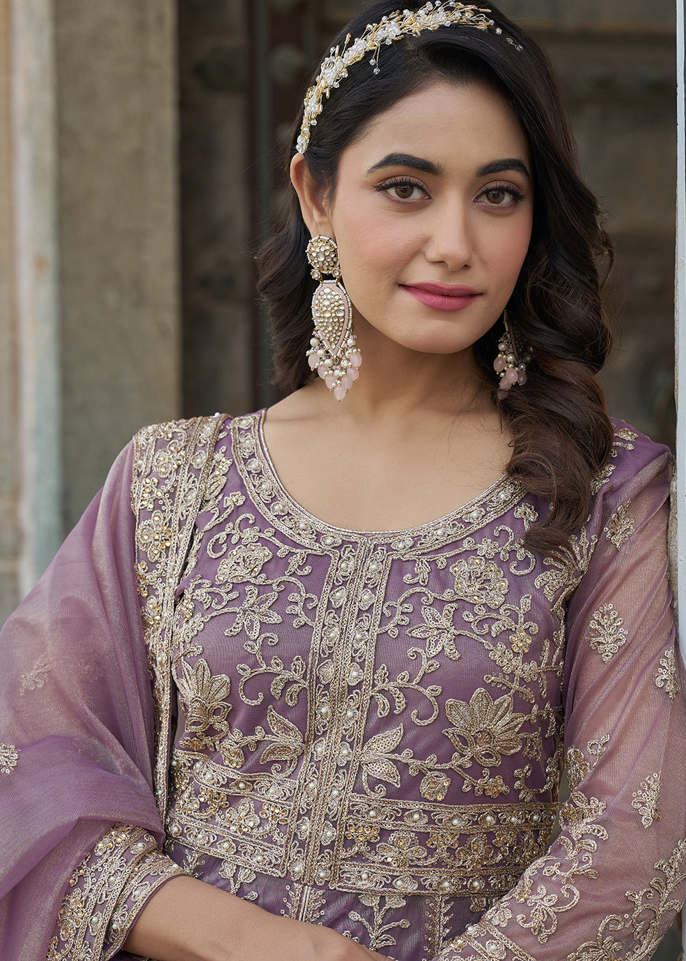 Buy Now Mauve Pink Slit Style Lehenga Pant Style Anarkali Suit Online in US, UK, Germany, France, Italy, Canada, Australia, UAE, Maldives & Worldwide at Empress.