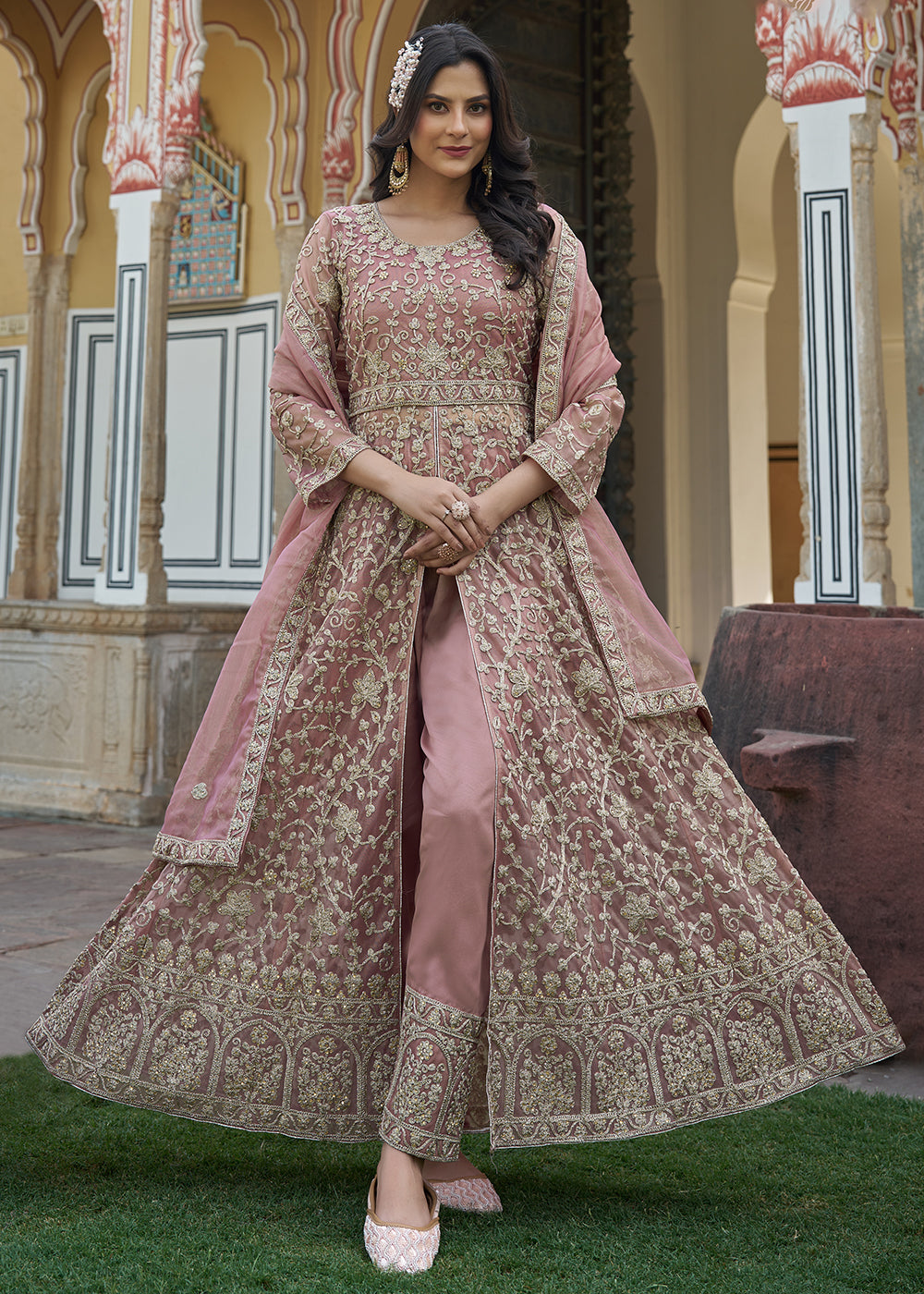 Buy Now Dusty Pink Slit Style Lehenga Pant Style Anarkali Suit Online in US, UK, Germany, France, Italy, Canada, Australia, UAE, Maldives & Worldwide at Empress