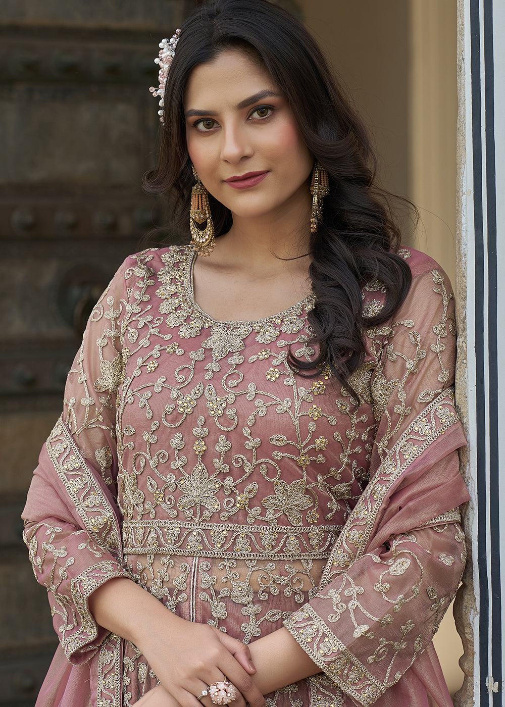 Buy Now Dusty Pink Slit Style Lehenga Pant Style Anarkali Suit Online in US, UK, Germany, France, Italy, Canada, Australia, UAE, Maldives & Worldwide at Empress