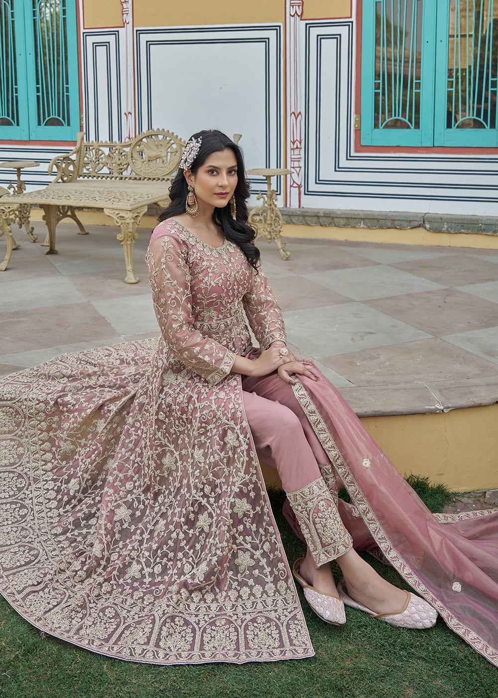 Buy Now Dusty Pink Slit Style Lehenga Pant Style Anarkali Suit Online in US, UK, Germany, France, Italy, Canada, Australia, UAE, Maldives & Worldwide at Empress