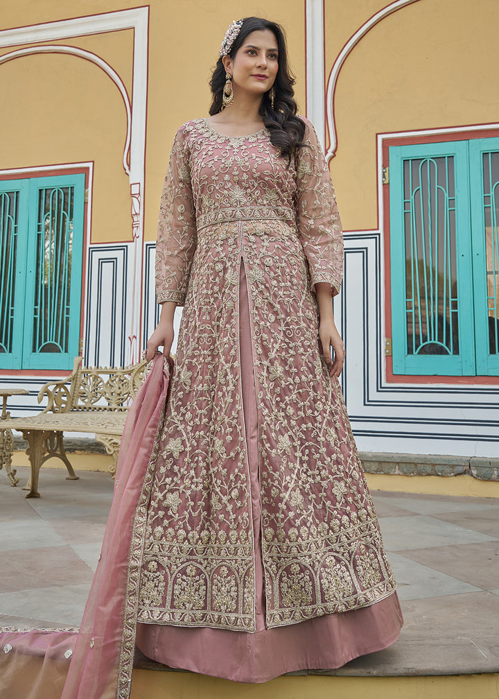Buy Now Dusty Pink Slit Style Lehenga Pant Style Anarkali Suit Online in US, UK, Germany, France, Italy, Canada, Australia, UAE, Maldives & Worldwide at Empress