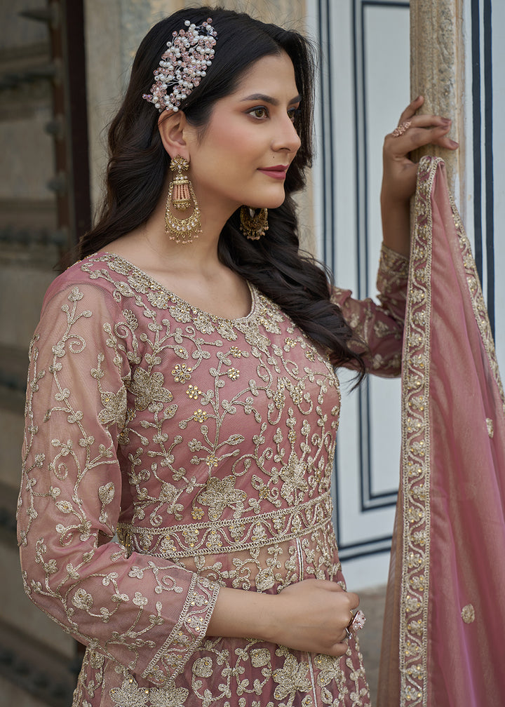 Buy Now Dusty Pink Slit Style Lehenga Pant Style Anarkali Suit Online in US, UK, Germany, France, Italy, Canada, Australia, UAE, Maldives & Worldwide at Empress