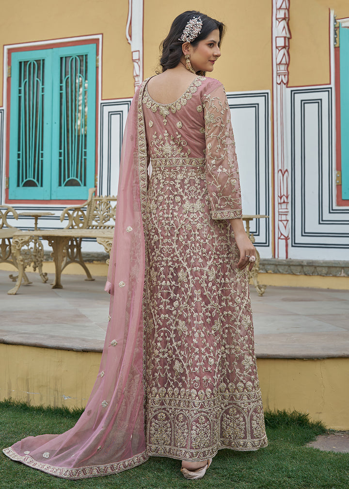 Buy Now Dusty Pink Slit Style Lehenga Pant Style Anarkali Suit Online in US, UK, Germany, France, Italy, Canada, Australia, UAE, Maldives & Worldwide at Empress