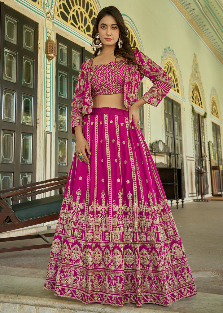 Buy Now Pink Chinnon Heavy Embroidered Koti Style Lehenga Choli Online in USA, UK, Canada, France, Italy, Germany, Australia & Worldwide at Empress Clothing.