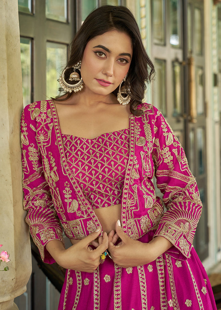 Buy Now Pink Chinnon Heavy Embroidered Koti Style Lehenga Choli Online in USA, UK, Canada, France, Italy, Germany, Australia & Worldwide at Empress Clothing.