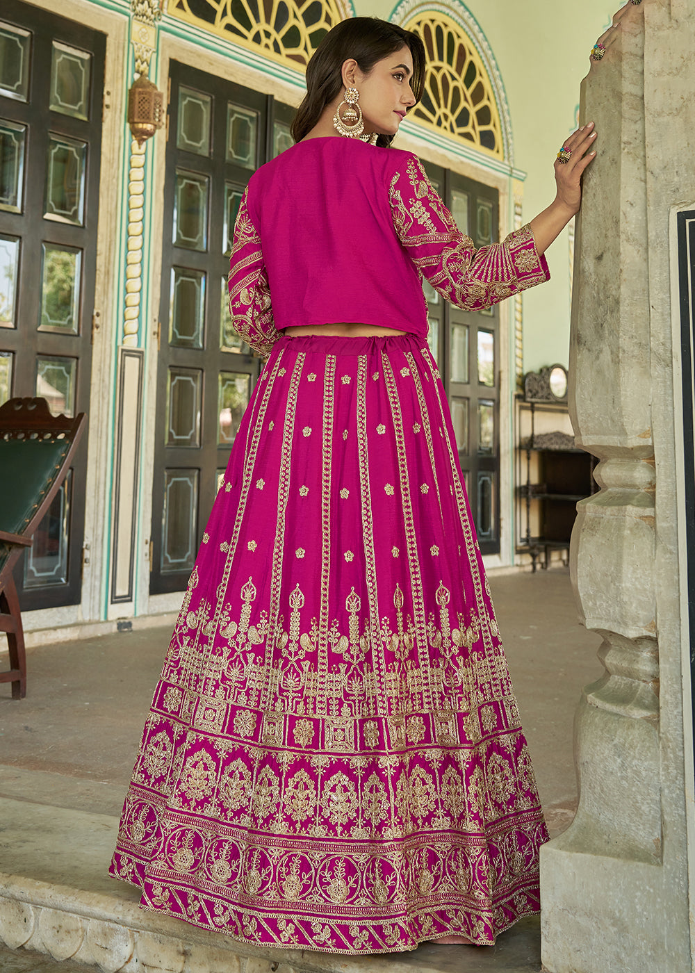 Buy Now Pink Chinnon Heavy Embroidered Koti Style Lehenga Choli Online in USA, UK, Canada, France, Italy, Germany, Australia & Worldwide at Empress Clothing.