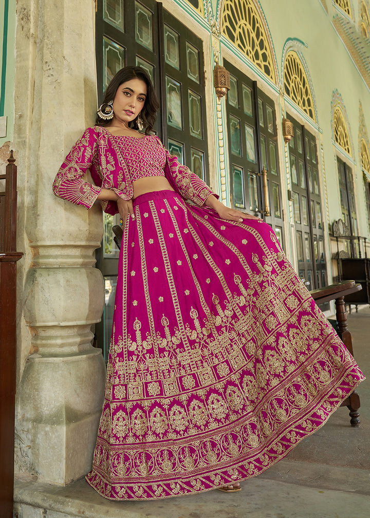 Buy Now Pink Chinnon Heavy Embroidered Koti Style Lehenga Choli Online in USA, UK, Canada, France, Italy, Germany, Australia & Worldwide at Empress Clothing.