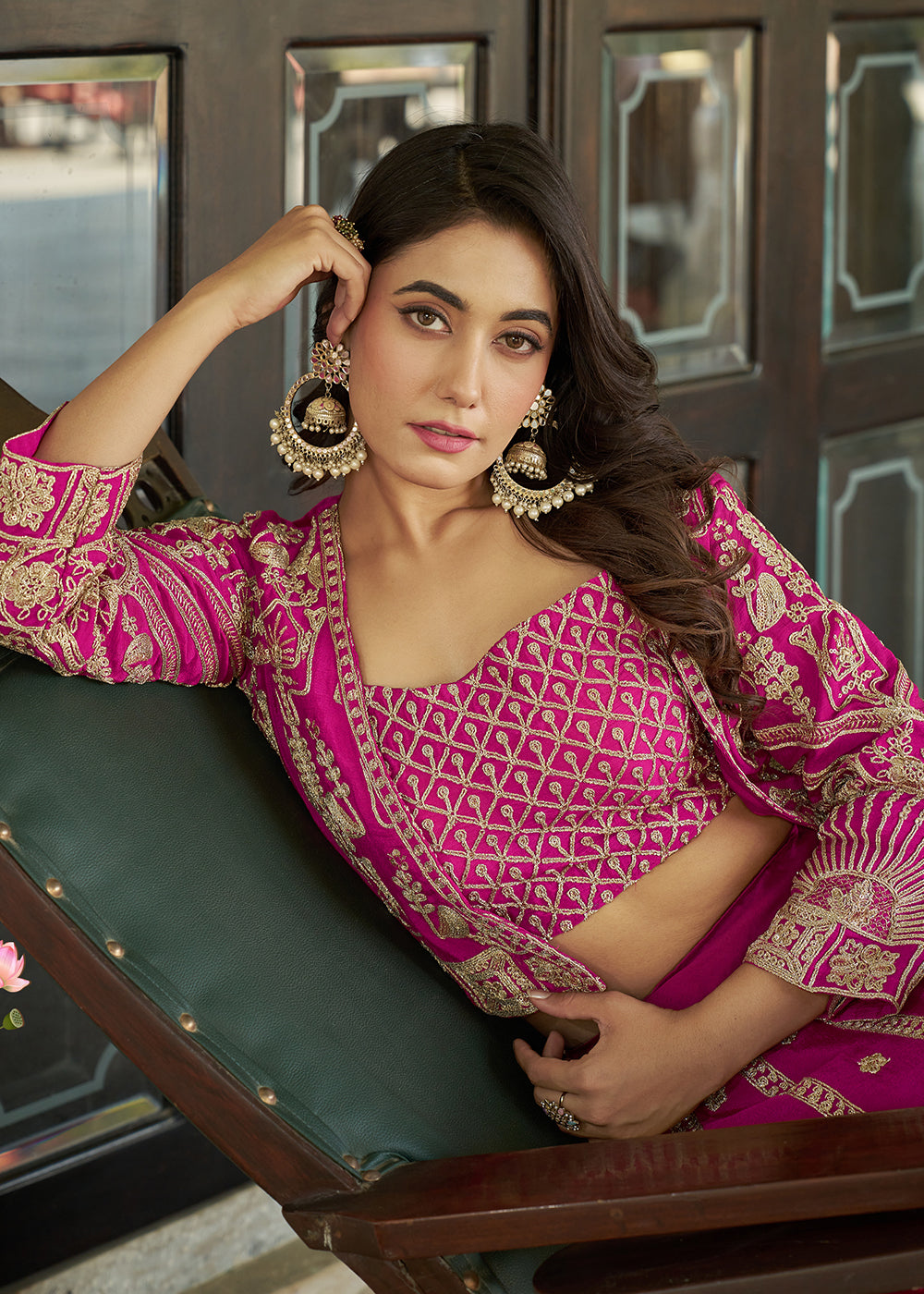 Buy Now Pink Chinnon Heavy Embroidered Koti Style Lehenga Choli Online in USA, UK, Canada, France, Italy, Germany, Australia & Worldwide at Empress Clothing.