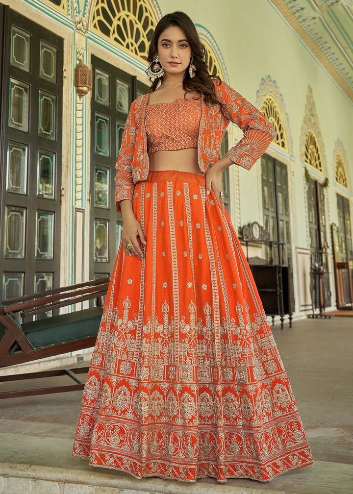 Buy Now Orange Chinnon Heavy Embroidered Koti Style Lehenga Choli Online in USA, UK, Canada, France, Italy, Germany, Australia & Worldwide at Empress Clothing.