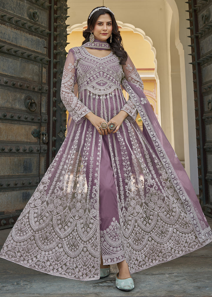 Buy Now  Mauve Slit Style Skirt & Pant Style Anarkali Suit Online in USA, UK, Germany, France, Italy, Canada, Australia, Spain & Worldwide at Empress Clothing.
