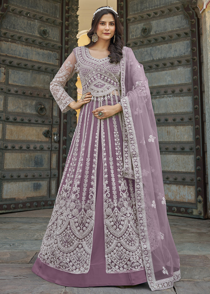 Buy Now Mauve Slit Style Skirt & Pant Style Anarkali Suit Online in USA, UK, Germany, France, Italy, Canada, Australia, Spain & Worldwide at Empress Clothing.
