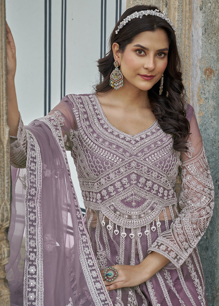 Buy Now Mauve Slit Style Skirt & Pant Style Anarkali Suit Online in USA, UK, Germany, France, Italy, Canada, Australia, Spain & Worldwide at Empress Clothing.