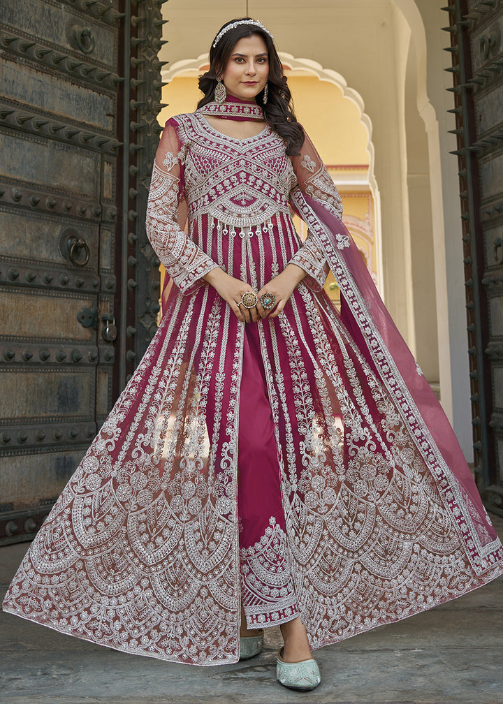 Buy Now Rani Pink Slit Style Skirt & Pant Style Anarkali Suit Online in USA, UK, Germany, France, Italy, Canada, Australia, UAE & Worldwide at Empress Clothing.
