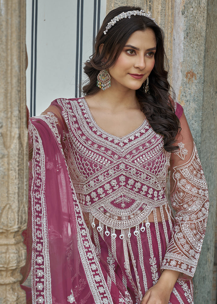 Buy Now Rani Pink Slit Style Skirt & Pant Style Anarkali Suit Online in USA, UK, Germany, France, Italy, Canada, Australia, UAE & Worldwide at Empress Clothing.