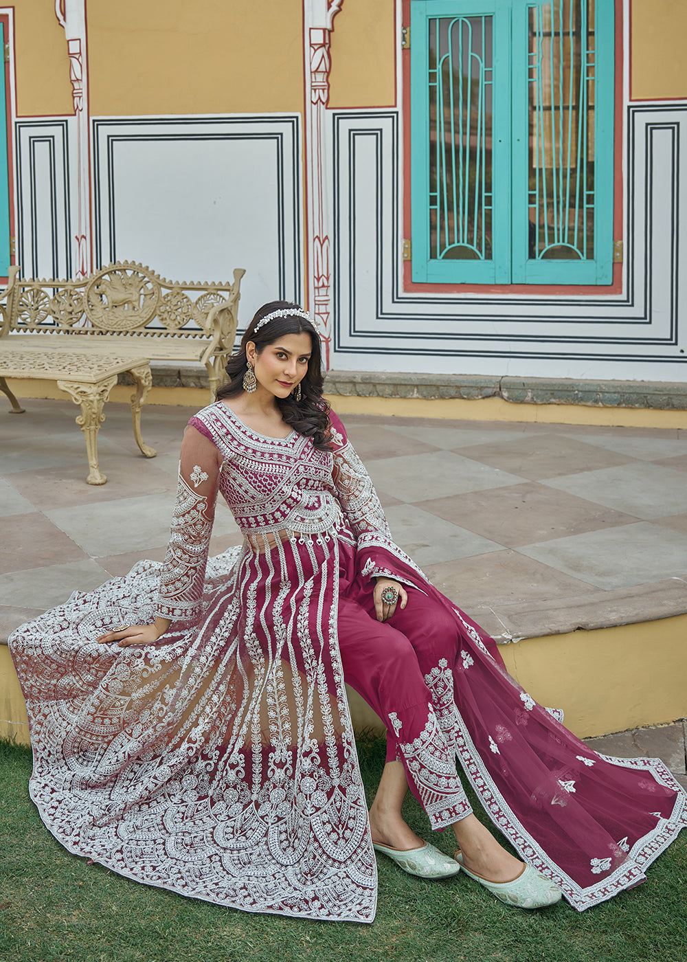 Buy Now Rani Pink Slit Style Skirt & Pant Style Anarkali Suit Online in USA, UK, Germany, France, Italy, Canada, Australia, UAE & Worldwide at Empress Clothing.