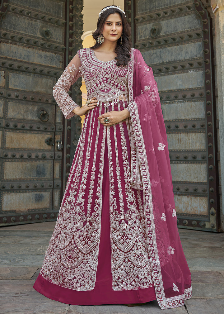 Buy Now Rani Pink Slit Style Skirt & Pant Style Anarkali Suit Online in USA, UK, Germany, France, Italy, Canada, Australia, UAE & Worldwide at Empress Clothing.