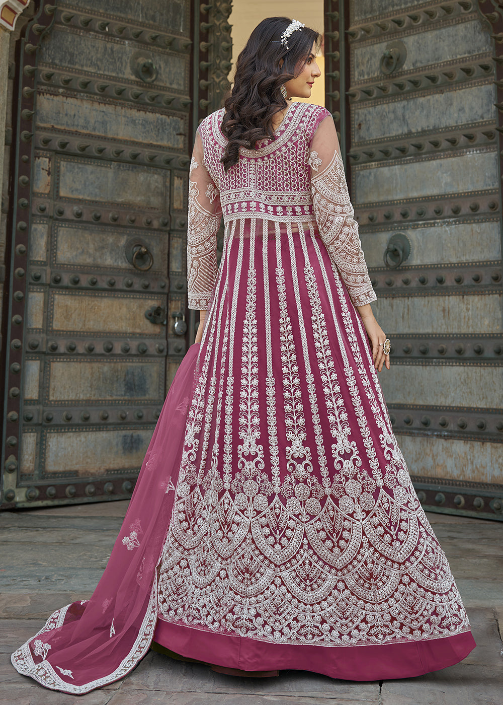 Buy Now Rani Pink Slit Style Skirt & Pant Style Anarkali Suit Online in USA, UK, Germany, France, Italy, Canada, Australia, UAE & Worldwide at Empress Clothing.