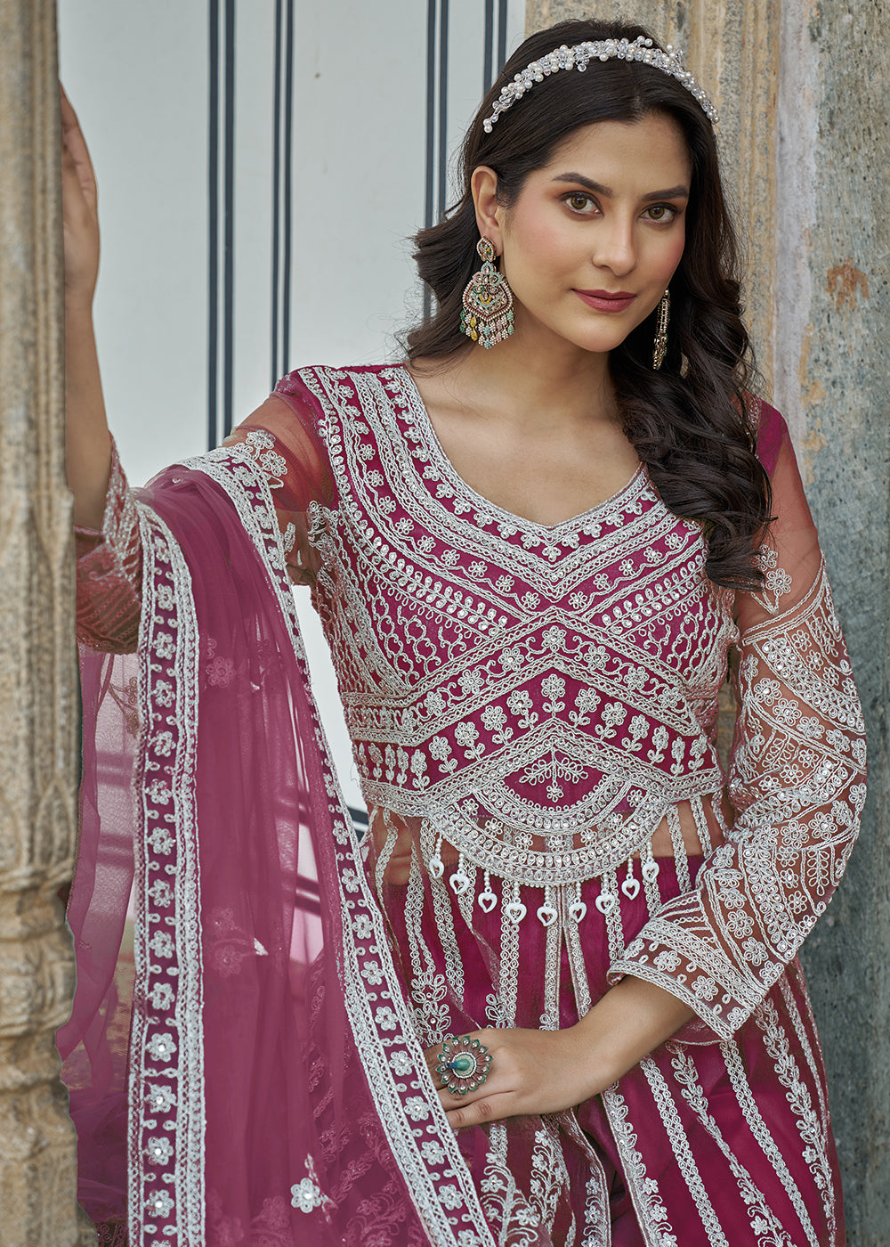 Buy Now Rani Pink Slit Style Skirt & Pant Style Anarkali Suit Online in USA, UK, Germany, France, Italy, Canada, Australia, UAE & Worldwide at Empress Clothing.