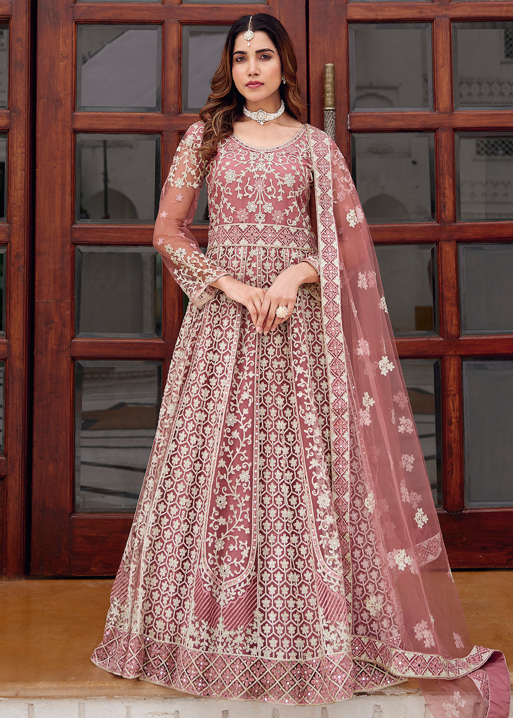 Buy Now Rusty Pink Stone & Mirror Work Wedding Anarkali Suit Online in US, UK, Germany, France, Italy, Canada, Australia, UAE, Singapore & Worldwide at Empress.