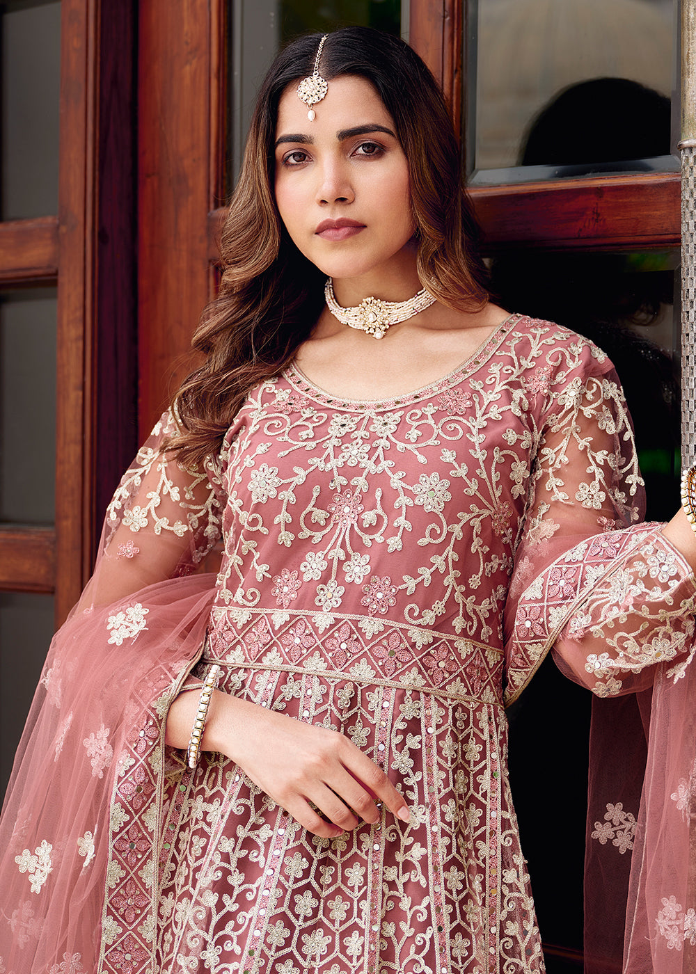 Buy Now Rusty Pink Stone & Mirror Work Wedding Anarkali Suit Online in US, UK, Germany, France, Italy, Canada, Australia, UAE, Singapore & Worldwide at Empress.