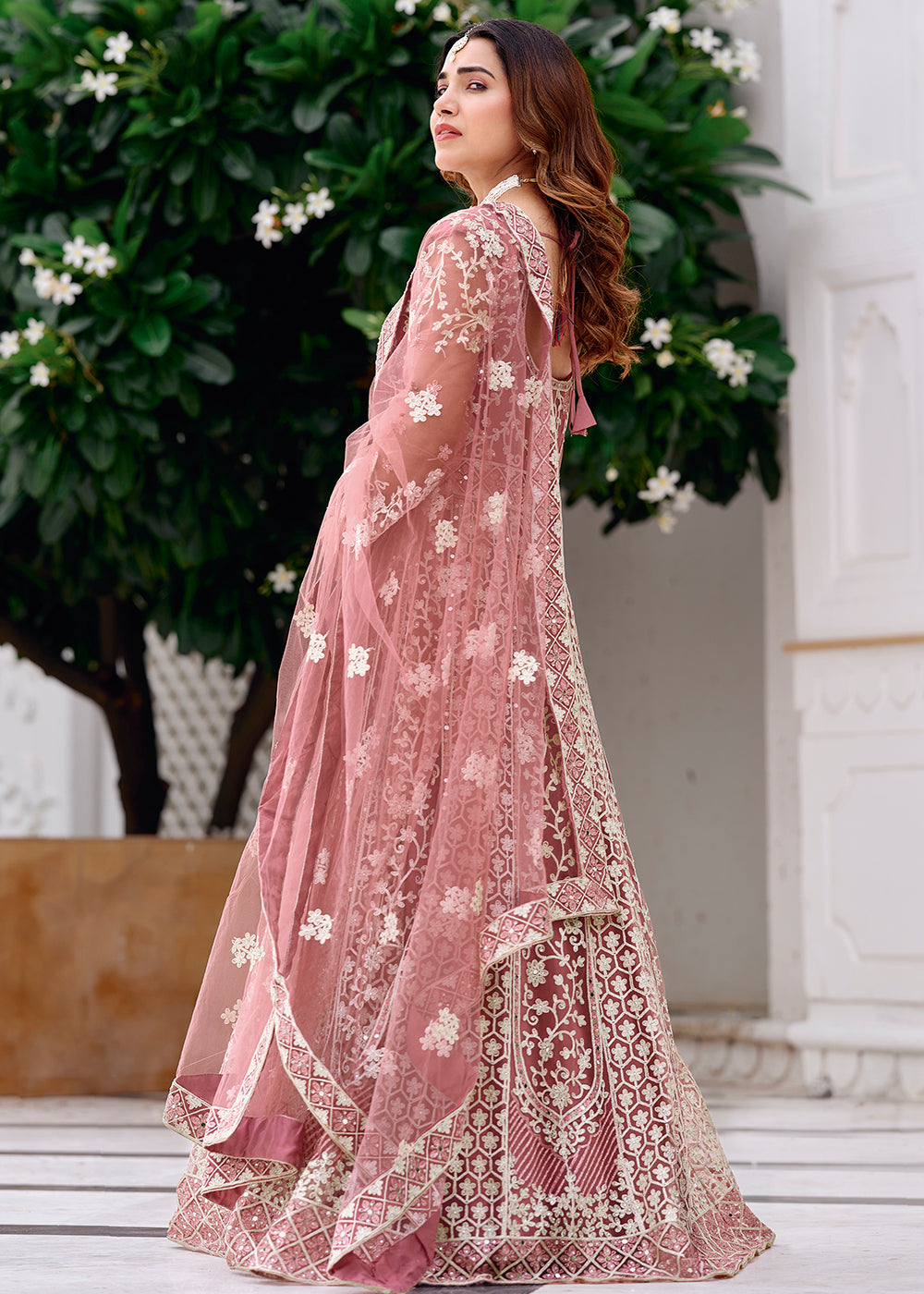 Buy Now Rusty Pink Stone & Mirror Work Wedding Anarkali Suit Online in US, UK, Germany, France, Italy, Canada, Australia, UAE, Singapore & Worldwide at Empress.