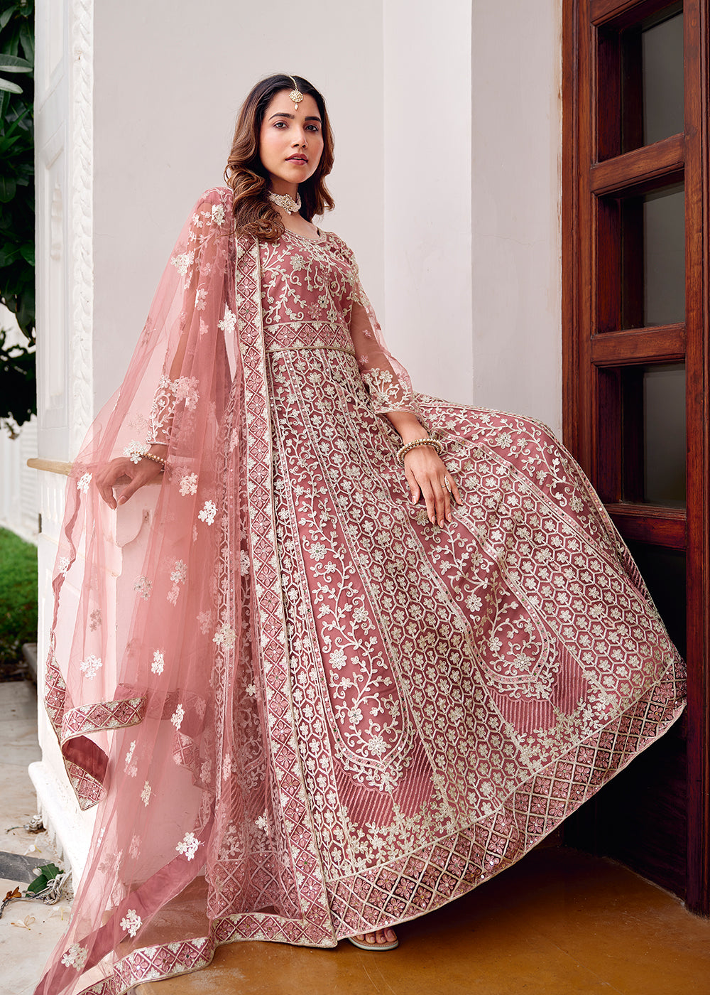 Buy Now Rusty Pink Stone & Mirror Work Wedding Anarkali Suit Online in US, UK, Germany, France, Italy, Canada, Australia, UAE, Singapore & Worldwide at Empress.