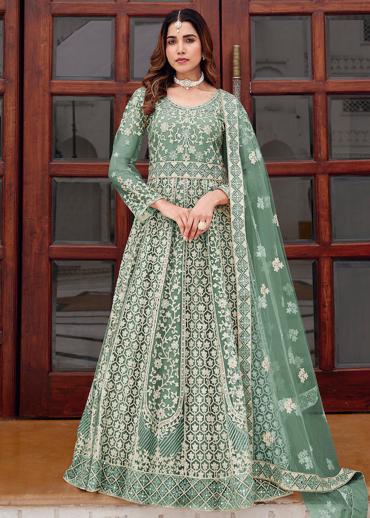 Buy Now Mint Green Stone & Mirror Work Wedding Anarkali Suit Online in US, UK, Germany, France, Italy, Canada, Australia, UAE, Singapore & Worldwide at Empress.