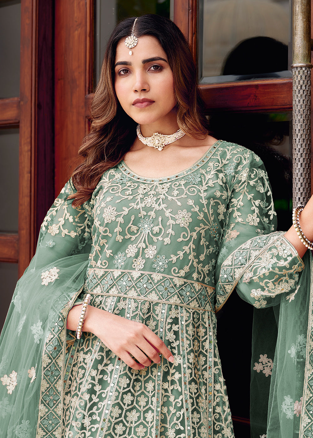Buy Now Mint Green Stone & Mirror Work Wedding Anarkali Suit Online in US, UK, Germany, France, Italy, Canada, Australia, UAE, Singapore & Worldwide at Empress.