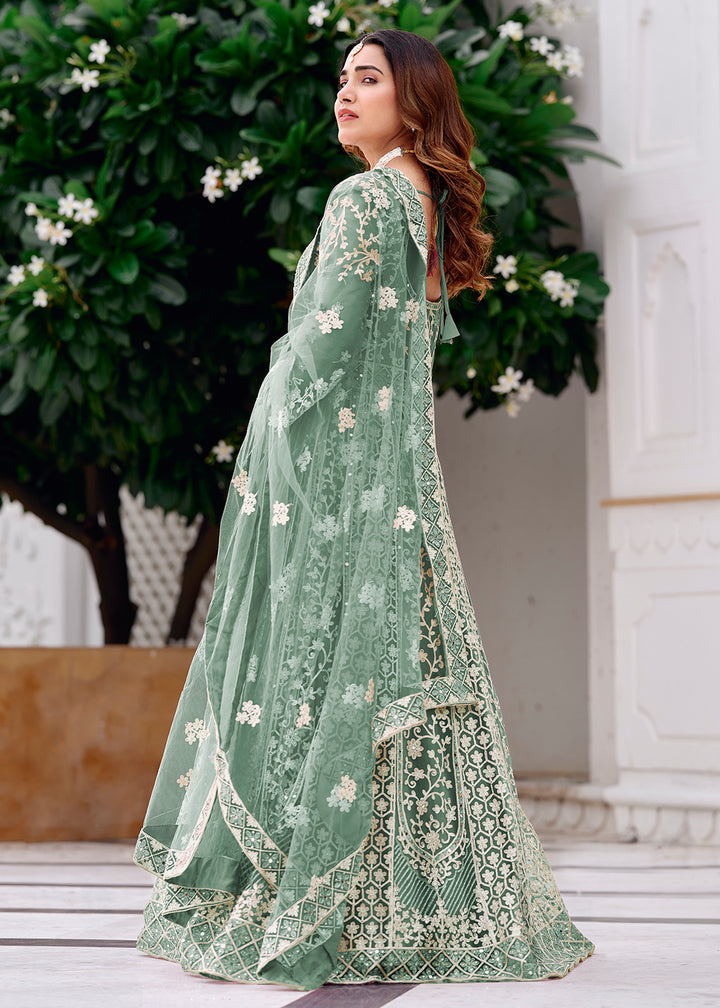 Buy Now Mint Green Stone & Mirror Work Wedding Anarkali Suit Online in US, UK, Germany, France, Italy, Canada, Australia, UAE, Singapore & Worldwide at Empress.