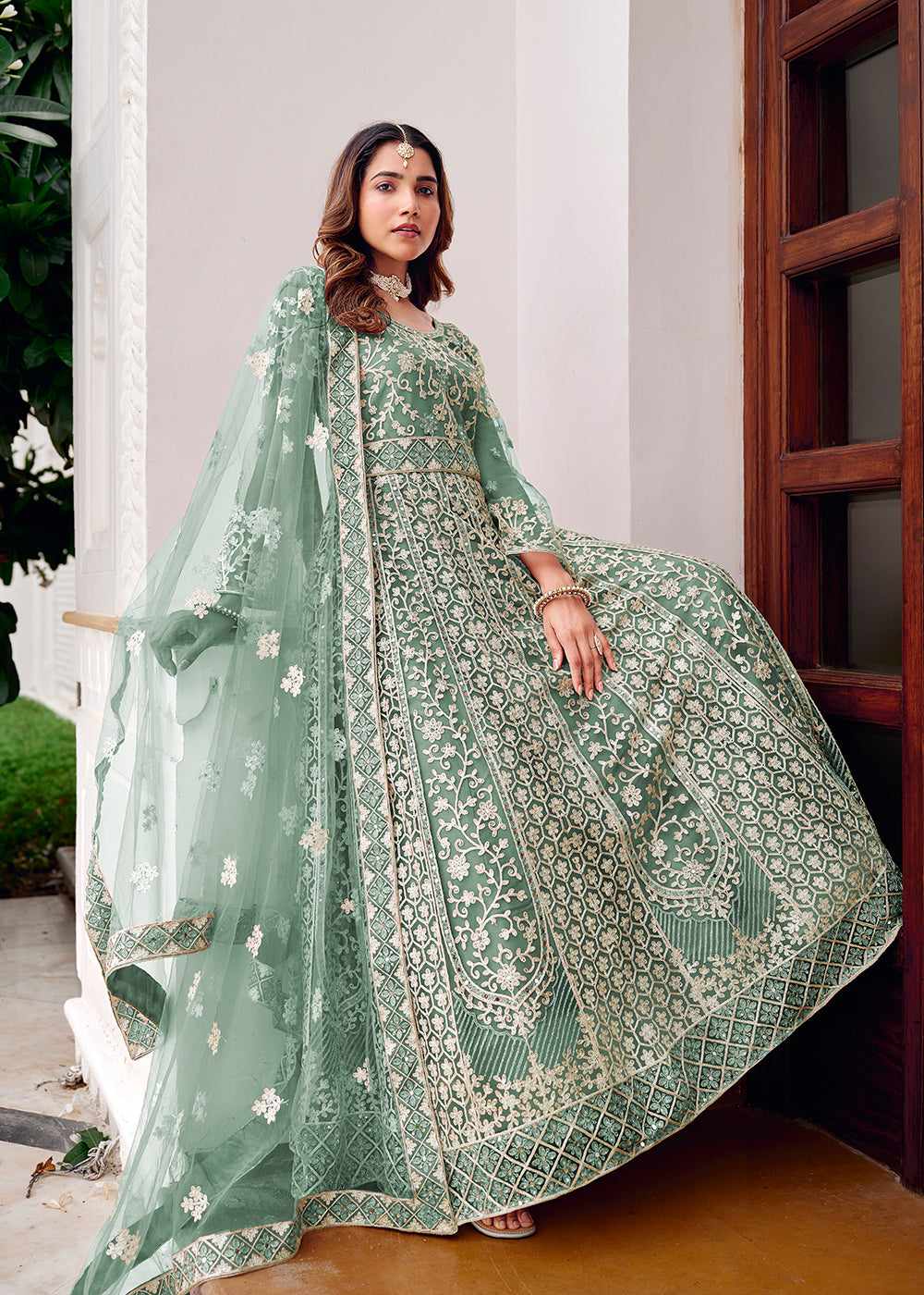 Buy Now Mint Green Stone & Mirror Work Wedding Anarkali Suit Online in US, UK, Germany, France, Italy, Canada, Australia, UAE, Singapore & Worldwide at Empress.