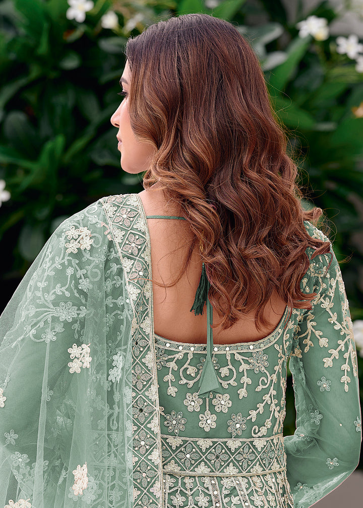 Buy Now Mint Green Stone & Mirror Work Wedding Anarkali Suit Online in US, UK, Germany, France, Italy, Canada, Australia, UAE, Singapore & Worldwide at Empress.