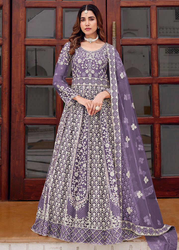 Buy Now Purple Stone & Mirror Work Wedding Anarkali Suit Online in US, UK, Germany, France, Italy, Canada, Australia, UAE, Singapore & Worldwide at Empress.