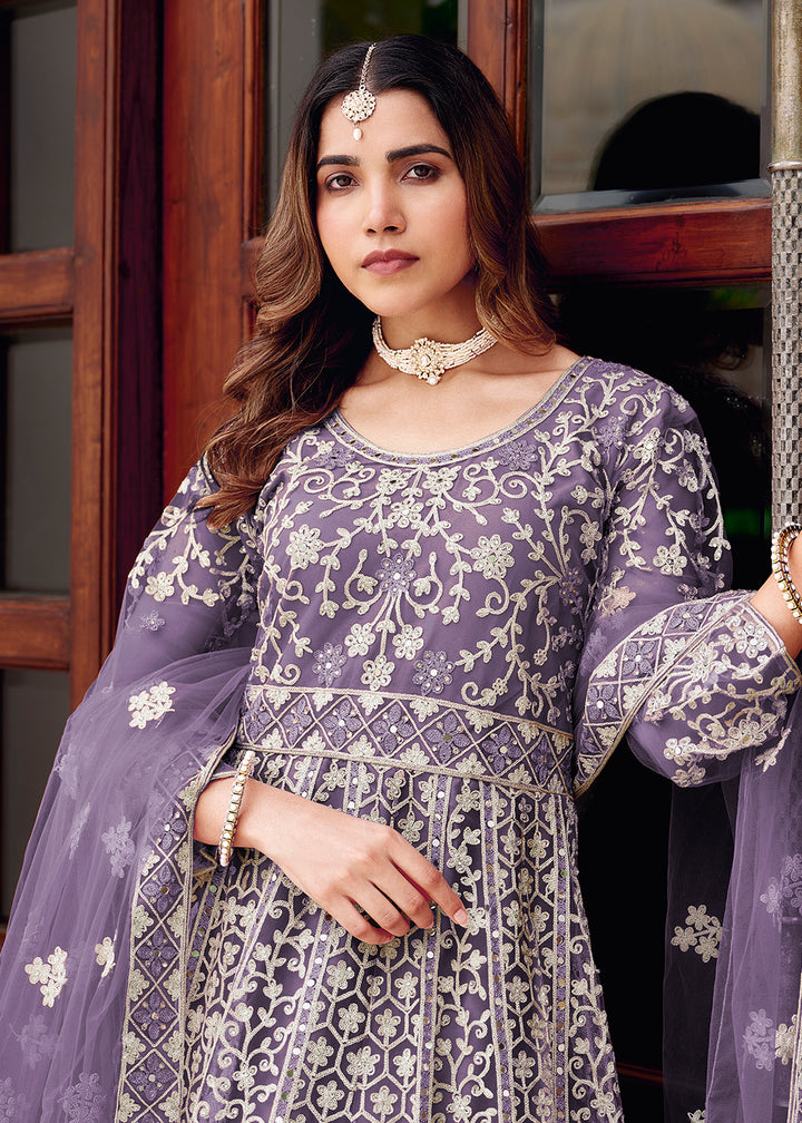 Buy Now Purple Stone & Mirror Work Wedding Anarkali Suit Online in US, UK, Germany, France, Italy, Canada, Australia, UAE, Singapore & Worldwide at Empress.