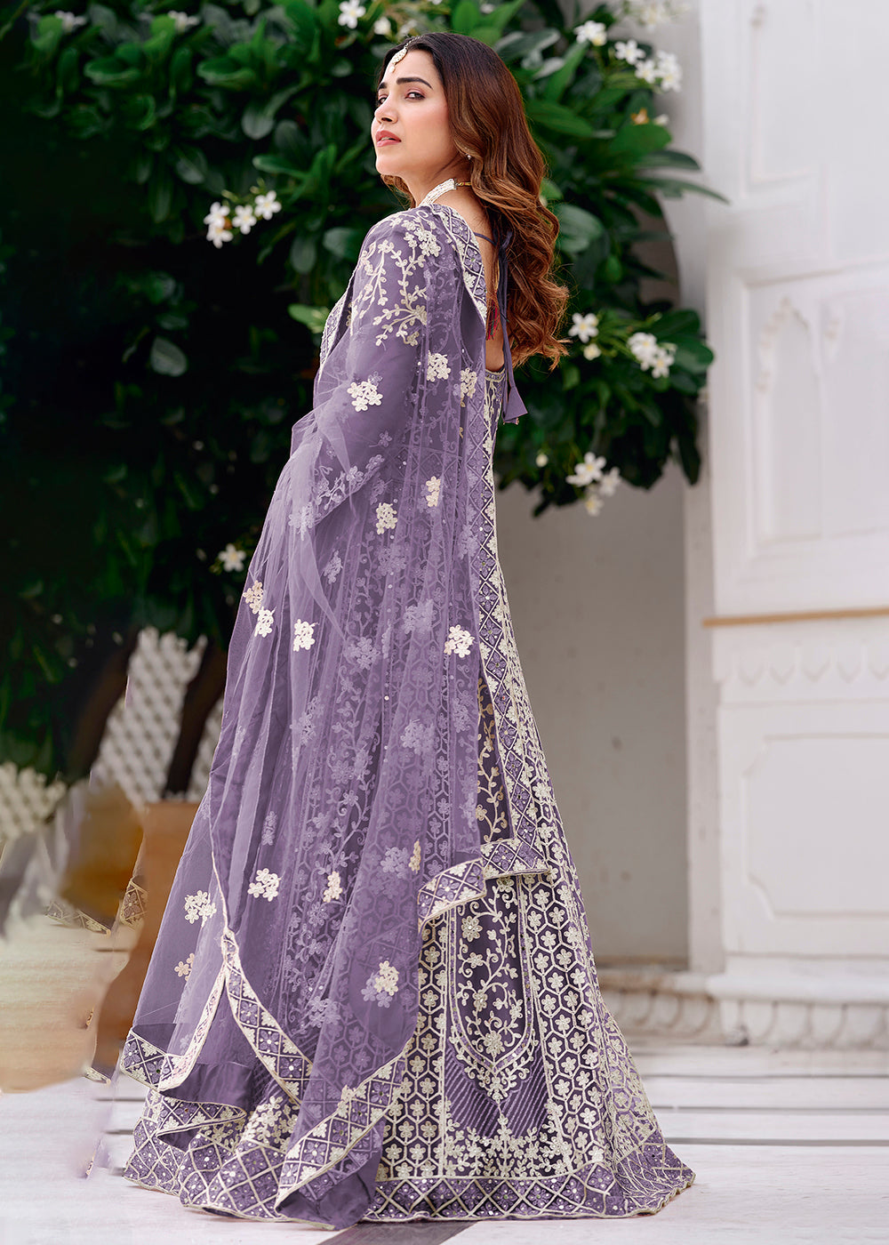 Buy Now Purple Stone & Mirror Work Wedding Anarkali Suit Online in US, UK, Germany, France, Italy, Canada, Australia, UAE, Singapore & Worldwide at Empress.